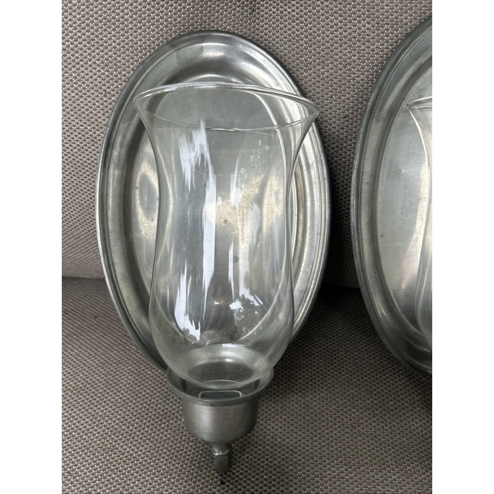 Pair (2) Woodbury Pewter 9" Oval Wall Sconces Candle Holder Silver Metal - Picture 2 of 11